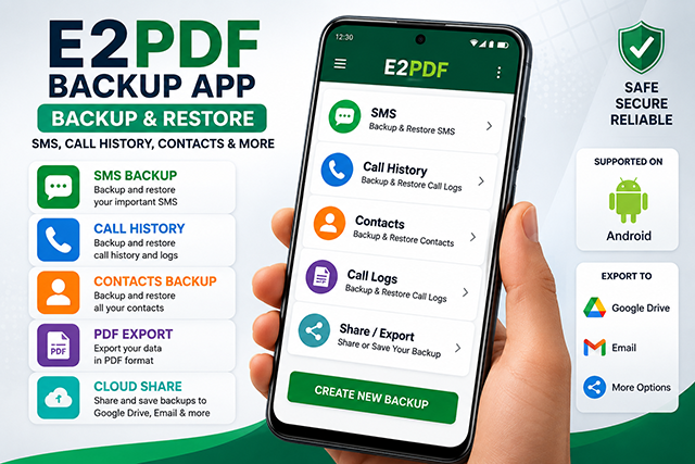 Step-by-step guide showing how to use the E2PDF Backup App for SMS and call history backup.