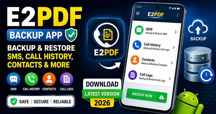 E2PDF Backup App download for backing up and restoring SMS, call history, contacts, and call logs on Android.