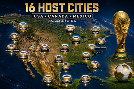 Map showing the 16 FIFA World Cup 2026 host cities across the United States, Canada, and Mexico