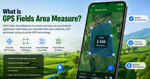 GPS Fields Area Measure app interface displaying land measurement