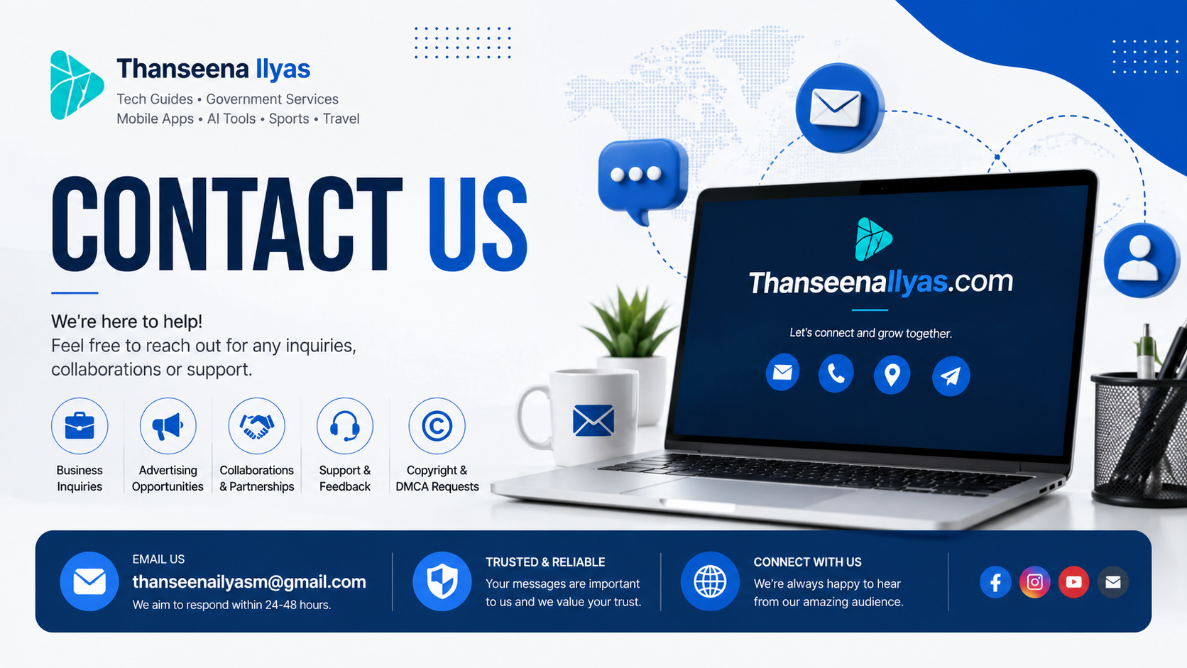 Contact ThanseenaIlyas.com for business inquiries, advertising, collaborations, support, and general questions.
