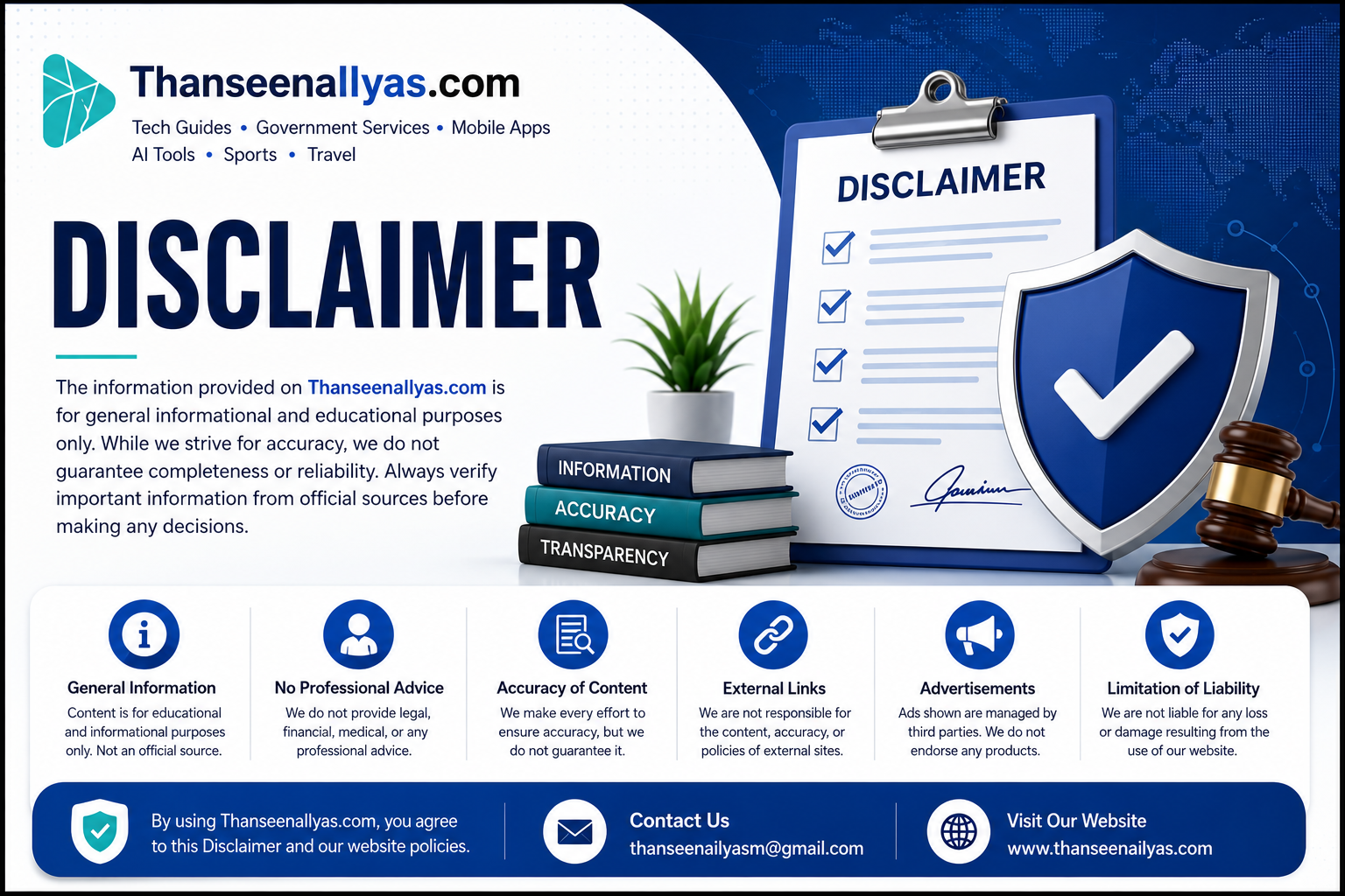 Disclaimer page banner of ThanseenaIlyas.com explaining website information, liability limitations, external links, advertising disclosure, and user responsibilities.