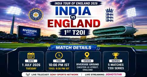 India vs England 1st T20I 2026 match details showing date, time, venue, live streaming on JioHotstar and Sony Sports Network.