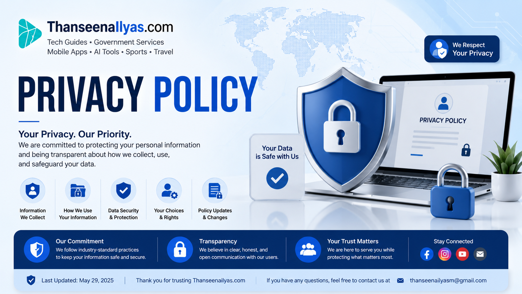 Privacy Policy page of ThanseenaIlyas.com explaining how user information is collected, used, protected, and secured.