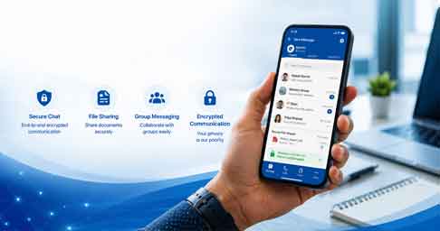 Features of the Sandes App including secure messaging and file sharing.