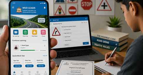 Students appearing for the MVD LEADS learner's exam in Kerala using tablets while preparing through mock tests and road safety lessons.