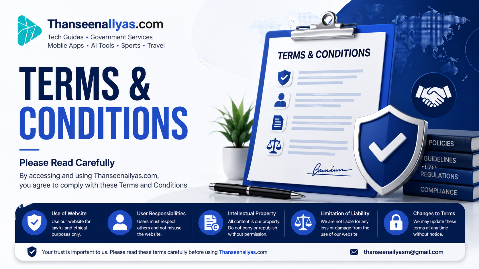 Terms and Conditions page of ThanseenaIlyas.com outlining website usage rules, user responsibilities, intellectual property rights, and legal policies.