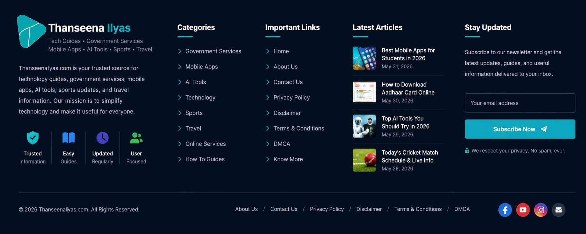 Dark themed website footer banner with technology, government services, mobile apps, AI tools, sports, travel, newsletter subscription and important links.