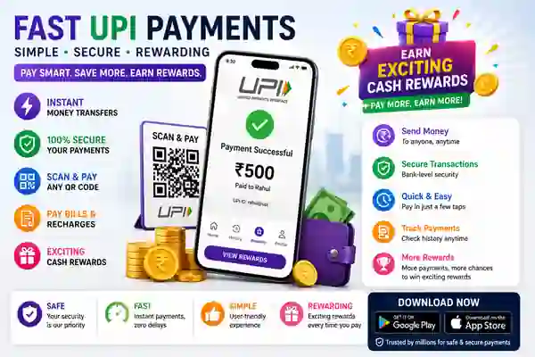 Fast UPI payment with cash rewards and QR code