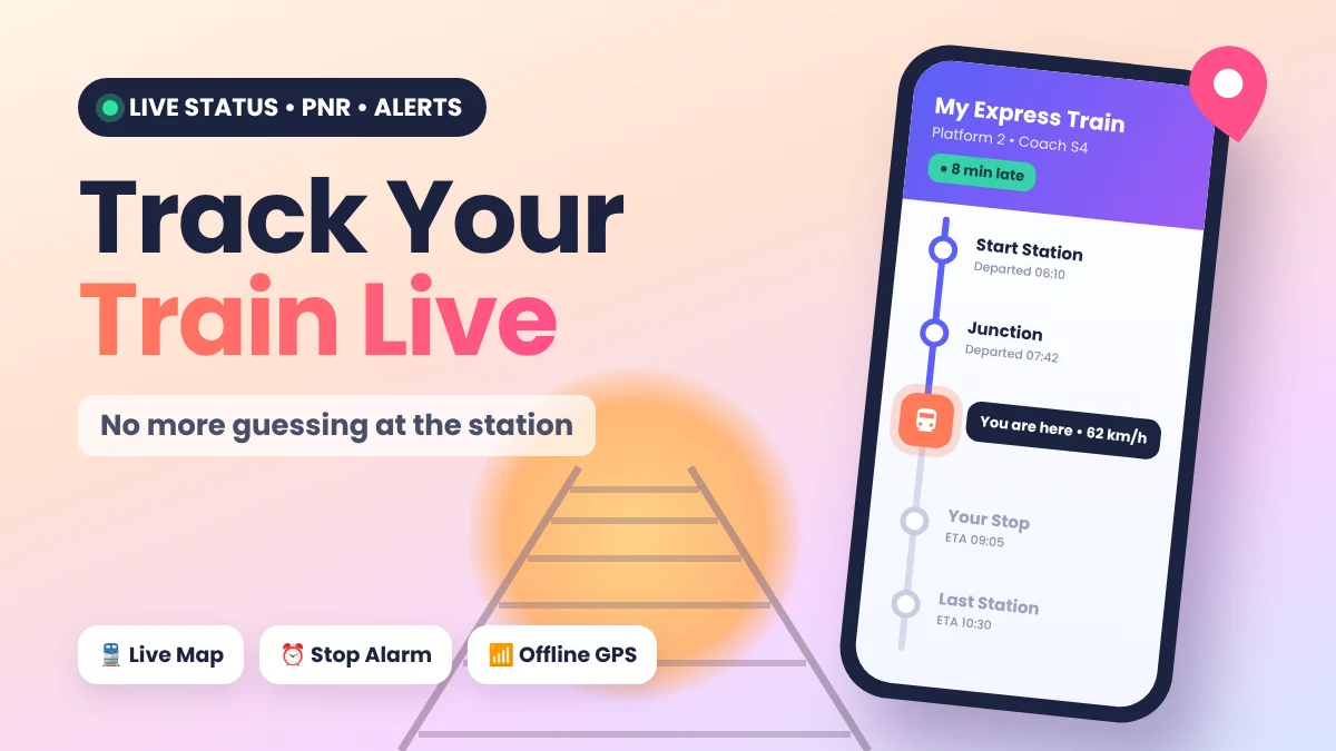 RailTrack Live Train Tracker app showing live train position on a route