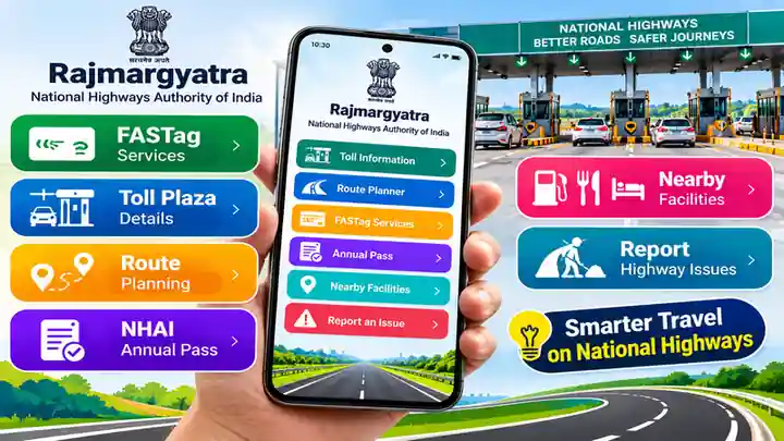 Rajmargyatra app features including FASTag, toll plaza details, route planning and Annual Pass